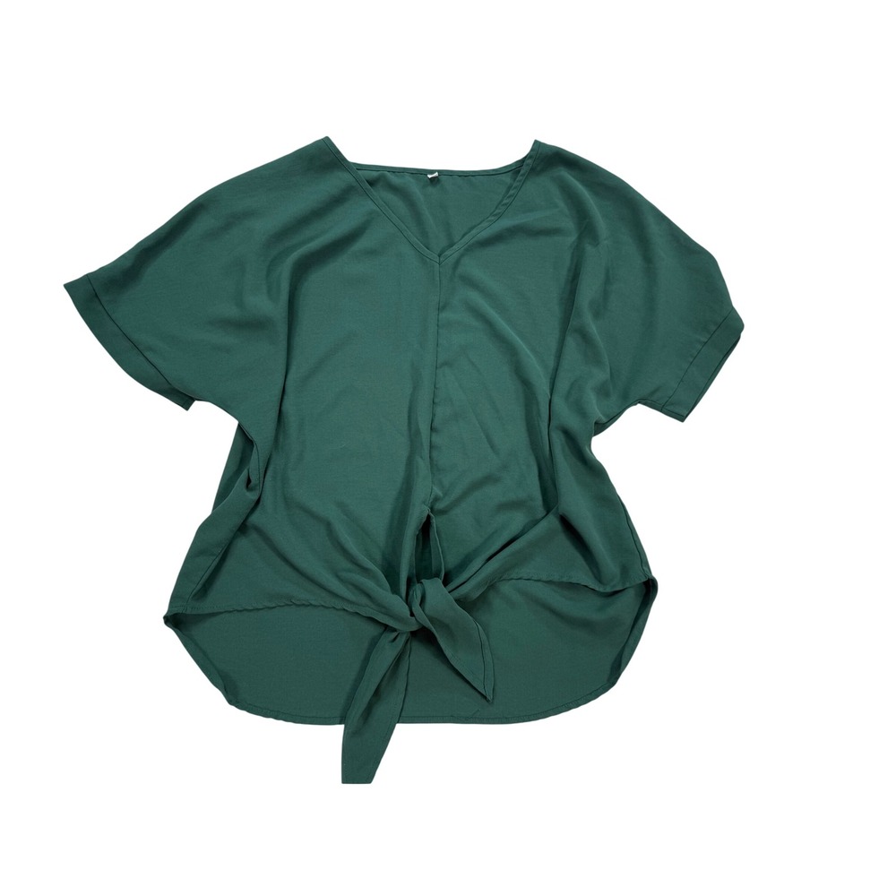 V-Neck Tie Front‎ Blouse Womens Large Green Excellent Short Sleeve Top